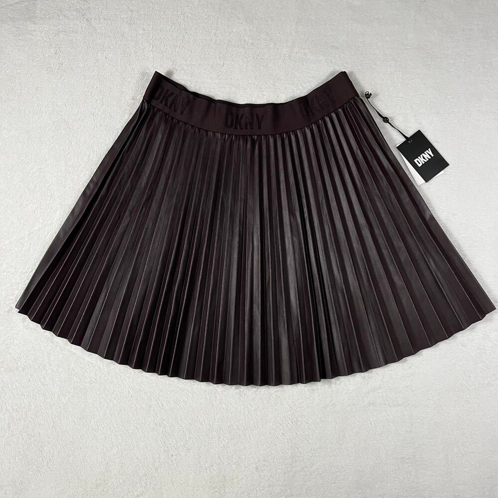 DKNY Women's Bordeaux brown faux leather pleated skirt NWT